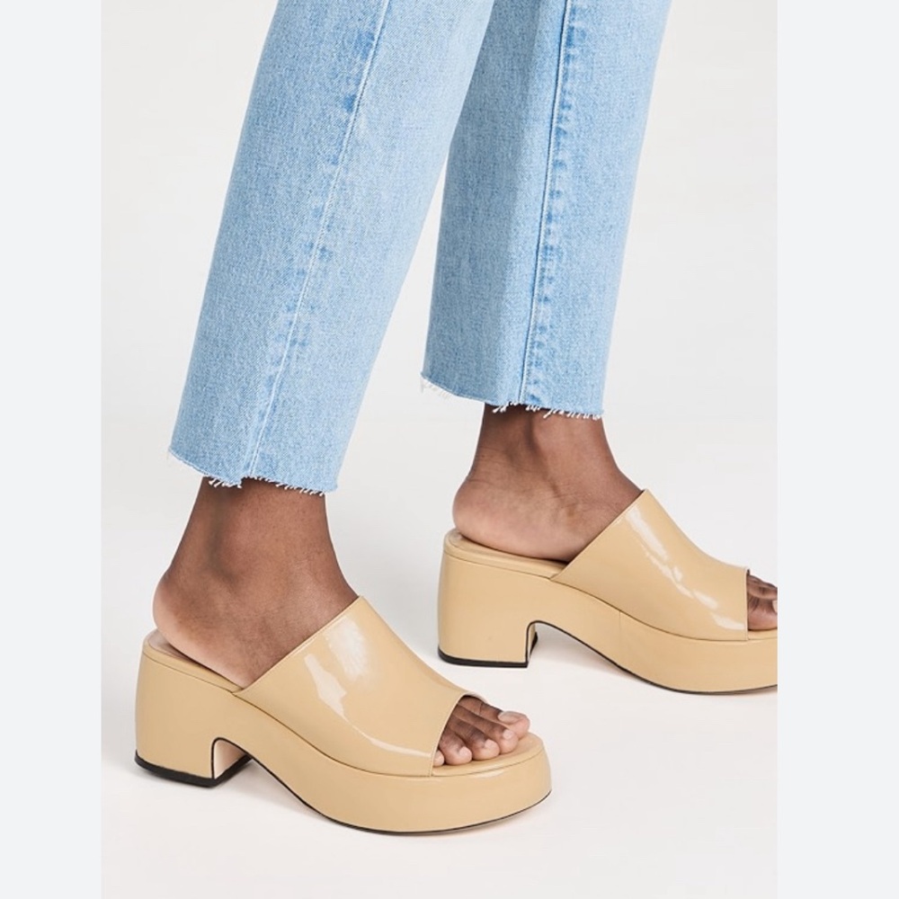 BY FAR Leroy Kraft Patent Leather Platform Slide Sandals Size EU 38